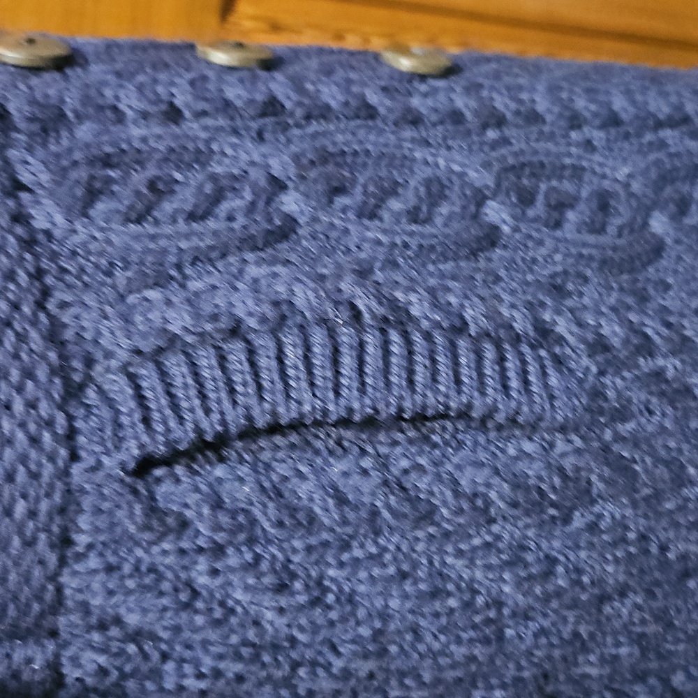 Aran Crafts 100% Merino Wool Button Up Cable Knit Double Busted Dark Blue Sz XS - Picture 6 of 9